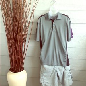 Grey with plum and black accent polo